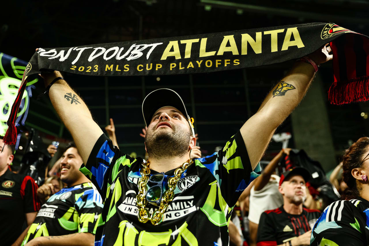 Fans react after the match against Columbus Crew at Mercedes-Benz Stadium in Atlanta, GA on Tuesday, November 7, 2023. (Photo by Bee Trofort-Wilson/Atlanta United)