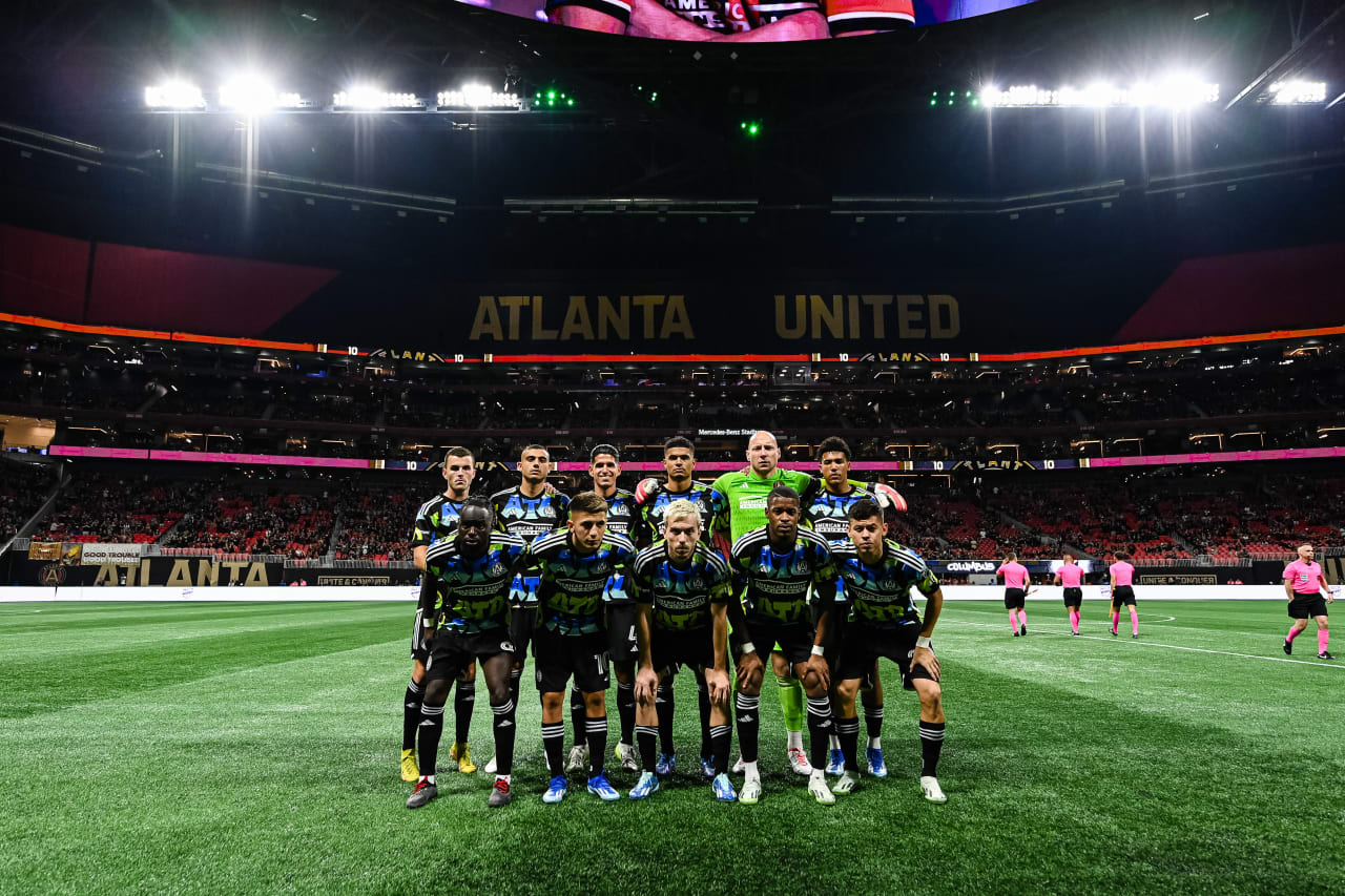 The Starting XI poses for a photo during the match against Columbus Crew at Mercedes-Benz Stadium in Atlanta, GA on Tuesday, November 7, 2023. (Photo by Mitch Martin/Atlanta United)