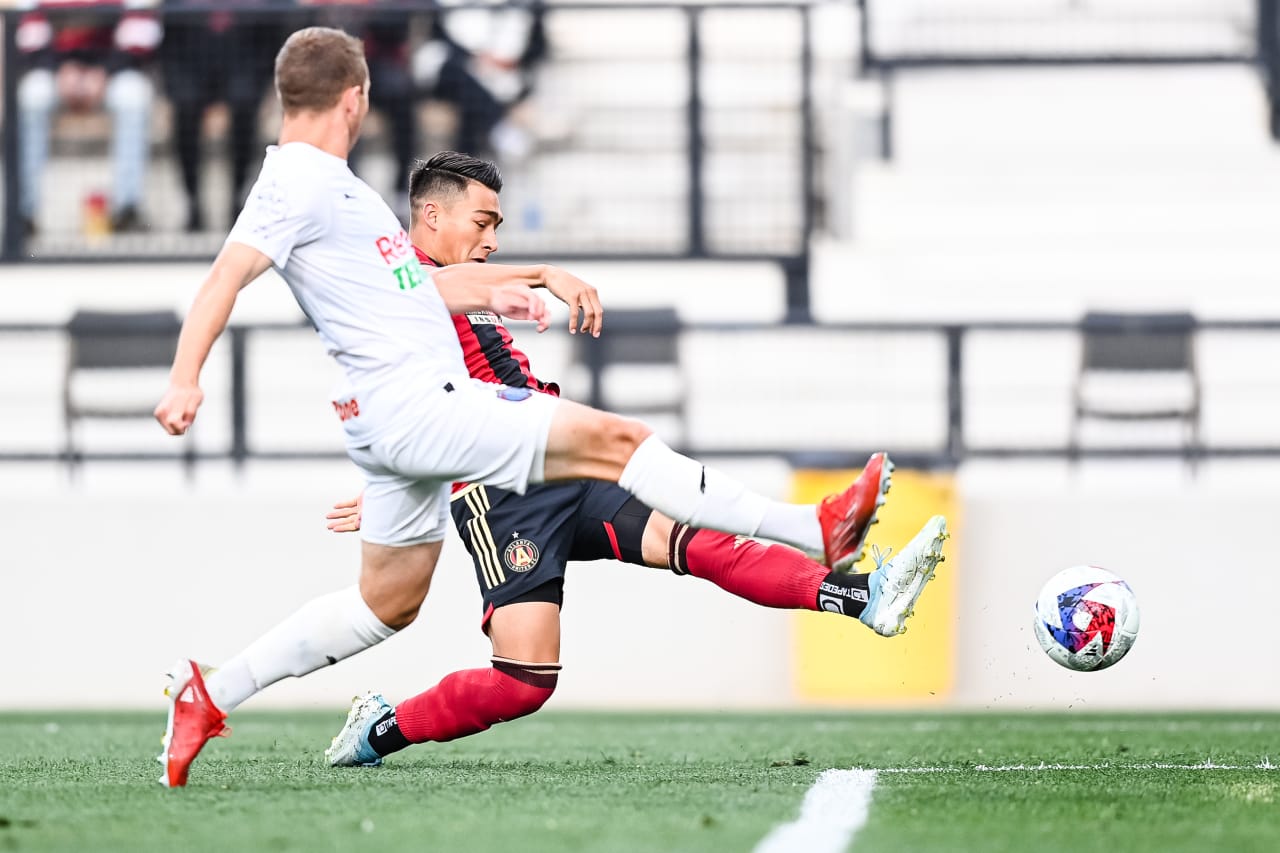 Atlanta United forward Tyler Wolff #28 scores a goal during the first half of the Open Cup match against Memphis 901 FC at Fifth Third Bank Stadium in Kennesaw, GA on Wednesday April 26, 2023. (Photo by Mitchell Martin/Atlanta United)