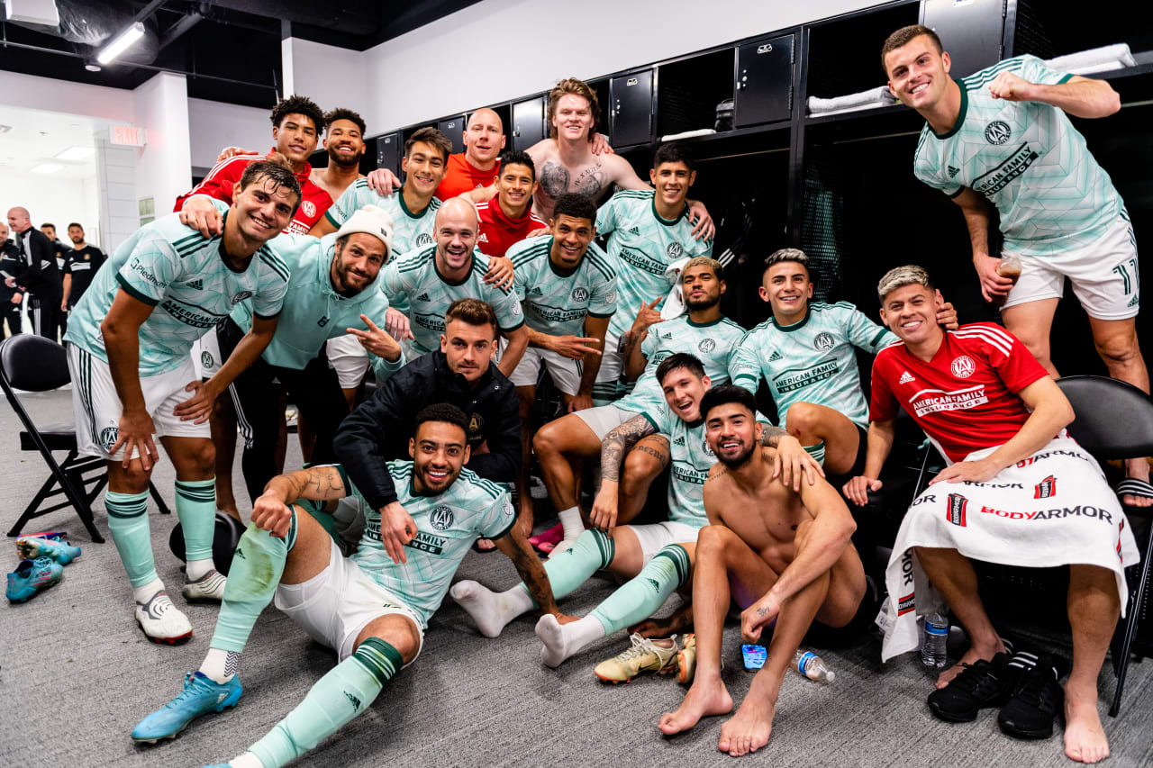 Atlanta United players pose for a photo after their win against DC United at Audi Field in Washington, DC, on Saturday April 2, 2022. (Photo by Mitch Martin/Atlanta United)