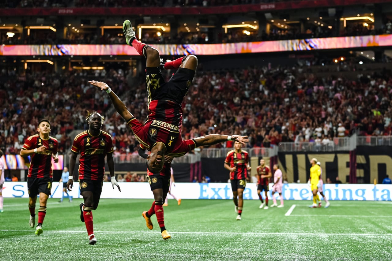 Atlanta United forward Xande Silva #16 celebrates after a goal during the first half of the match against Inter Miami at Mercedes-Benz Stadium in Atlanta, GA on Saturday, September 16, 2023. (Photo by Mitch Martin/Atlanta United)