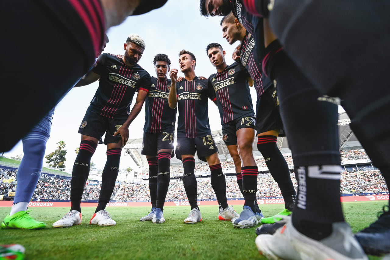 The Starting XI Huddle before the match against LA Galaxy at Dignity Health Sports Park in Carson, United States on Sunday July 24, 2022. (Photo by Dakota Williams/Atlanta United)