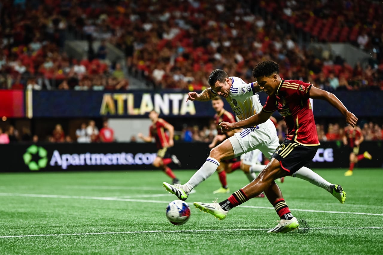 Atlanta United defender Caleb Wiley #26 fights for the ball during the match against Orlando City at Mercedes-Benz Stadium in Atlanta, GA on Saturday, July 15, 2023. (Photo by Mitchell Martin/Atlanta United)