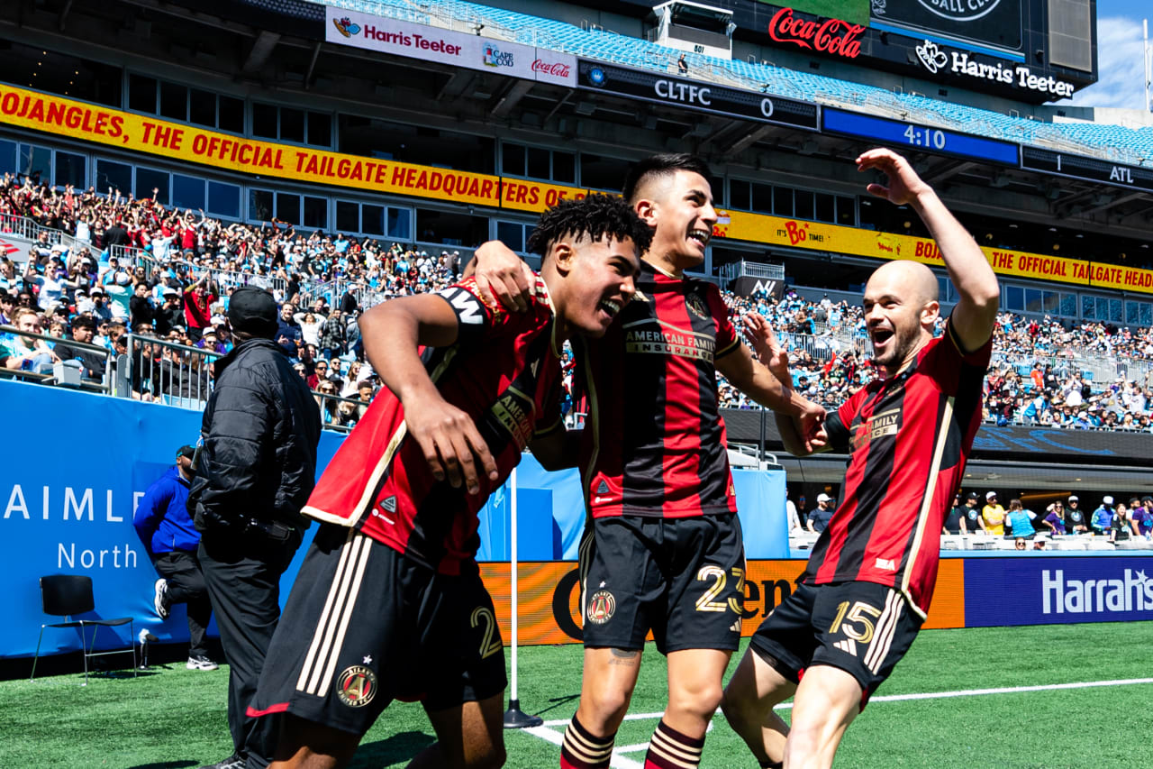 Teammates celebrate with Atlanta United defender Caleb Wiley #26 after scoring during the match against Charlotte FC at Bank of America Stadium in Charlotte, North Carolina on Saturday, March11, 2023. (Photo by Mitch Martin/Atlanta United)