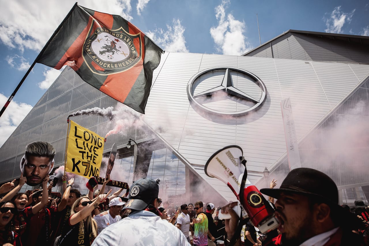 Atlanta United supporters are seen during the march before the match against Nashville SC at Mercedes-Benz Stadium in Atlanta, Georgia, on Saturday May 29, 2021. (Photo by Casey Sykes/Atlanta United)