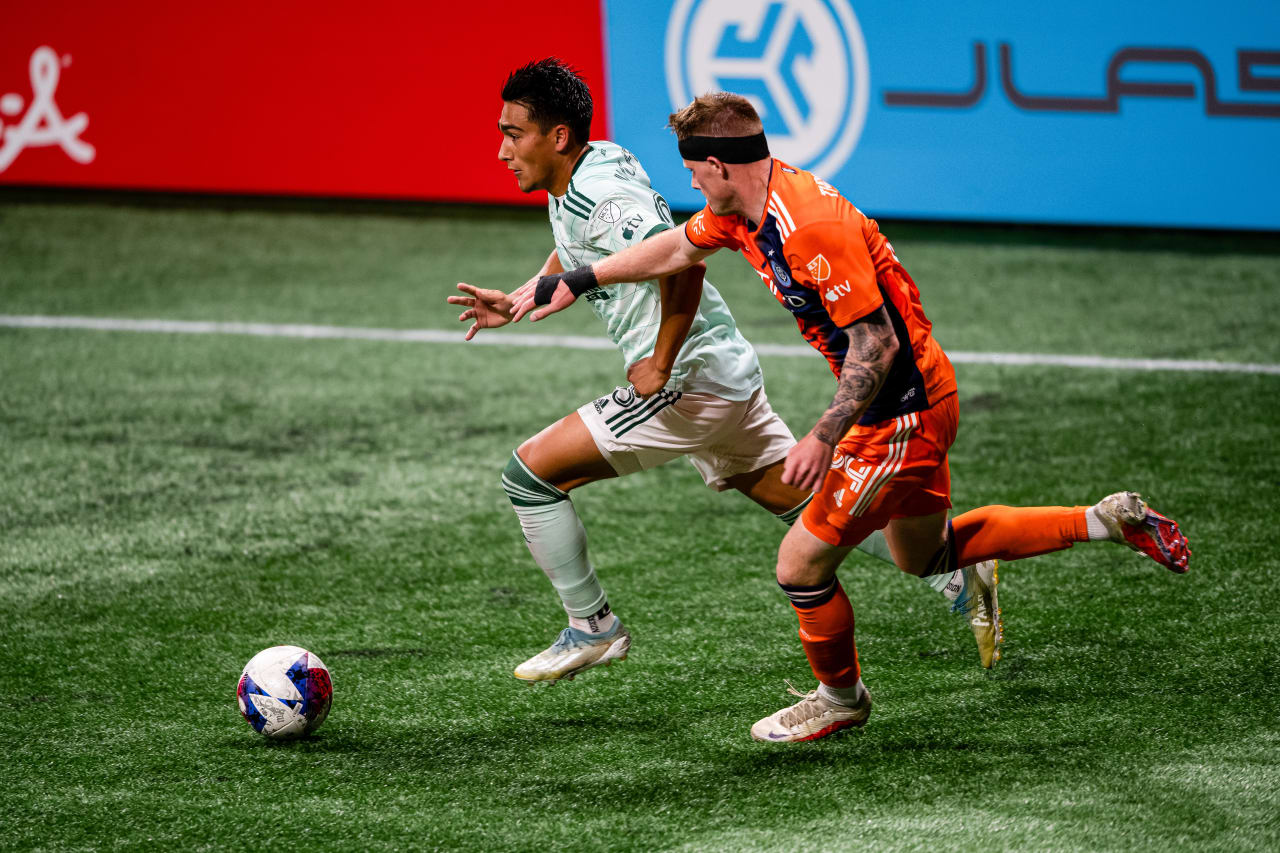 Atlanta United forward Tyler Wolff #28 dribbles the ball during the match against New York City FC at Mercedes-Benz Stadium in Atlanta, GA on Wednesday, June 21, 2023. (Photo by Kathryn Skeean/Atlanta United)
