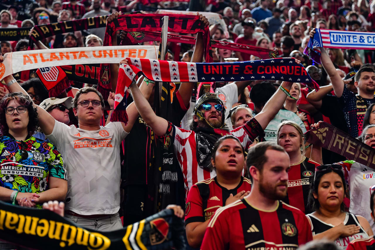 Supporters stand during the anthem prior to the match against Philadelphia Union at Mercedes-Benz Stadium in Atlanta, GA on Sunday, July 2, 2023. (Photo by Kyle Hess/Atlanta United)