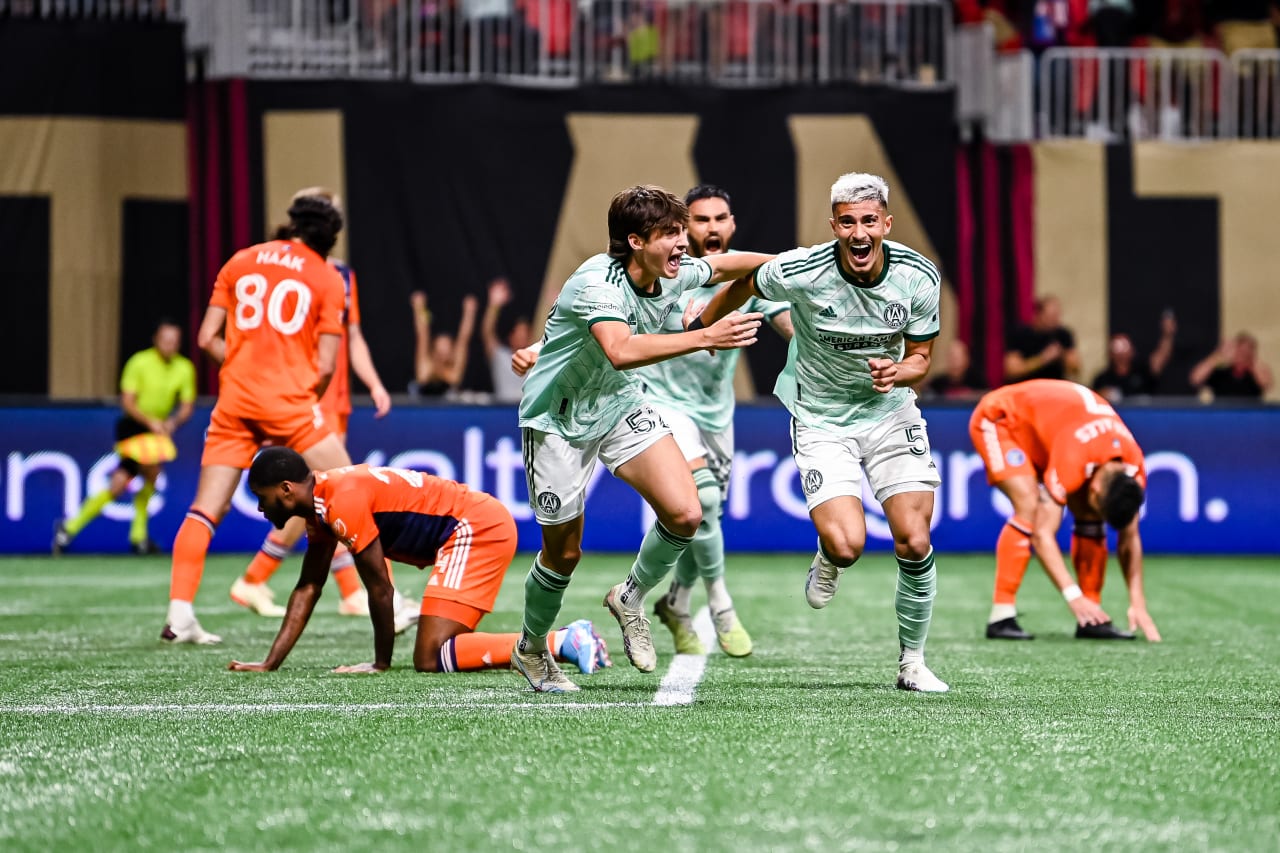 Atlanta United midfielder Nick Firmino #51 celebrates after scoring in the second half during the match against New York City FC at Mercedes-Benz Stadium in Atlanta, GA on Wednesday, June 21, 2023. (Photo by Mitchell Martin/Atlanta United)