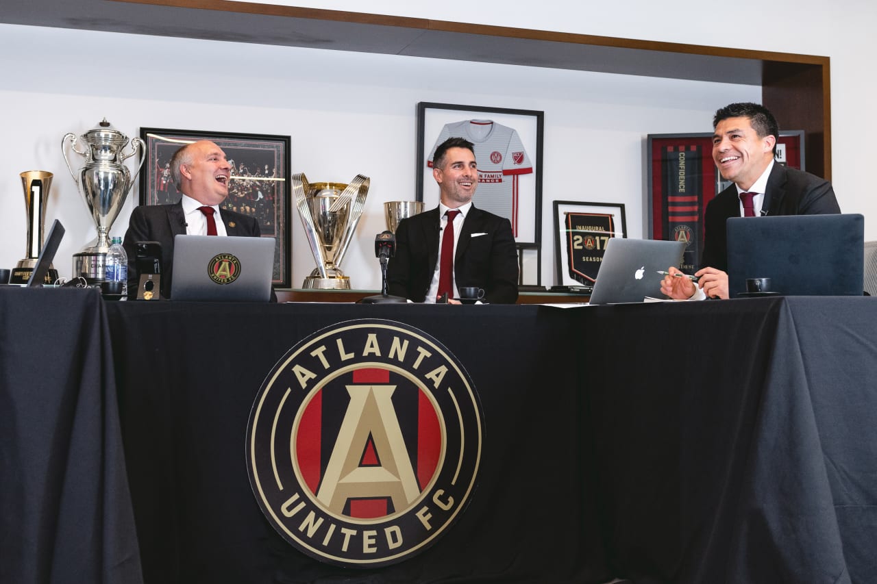 Atlanta United President Darren Eales, Vice President and Technical Director Carlos Bocanegra, and Head Coach Gonzalo Pineda during the 2022 MLS Superdraft at Children's Healthcare of Atlanta Training Ground in Marietta, Georgia, on Tuesday January 11, 2022. Photo by Jacob Gonzalez/Atlanta United)