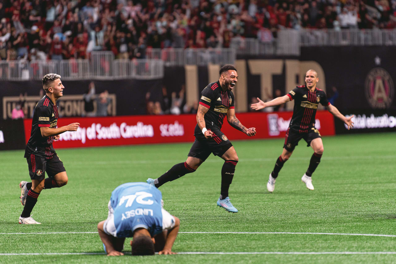 Atlanta United midfielder Jake Mulraney #23 celebrates after scoring a goal during the 2022 Opening Day match against Charlotte FC at Mercedes-Benz Stadium in Atlanta, United States on Sunday March 13, 2022. (Photo by Mitchell Martin/Atlanta United)
