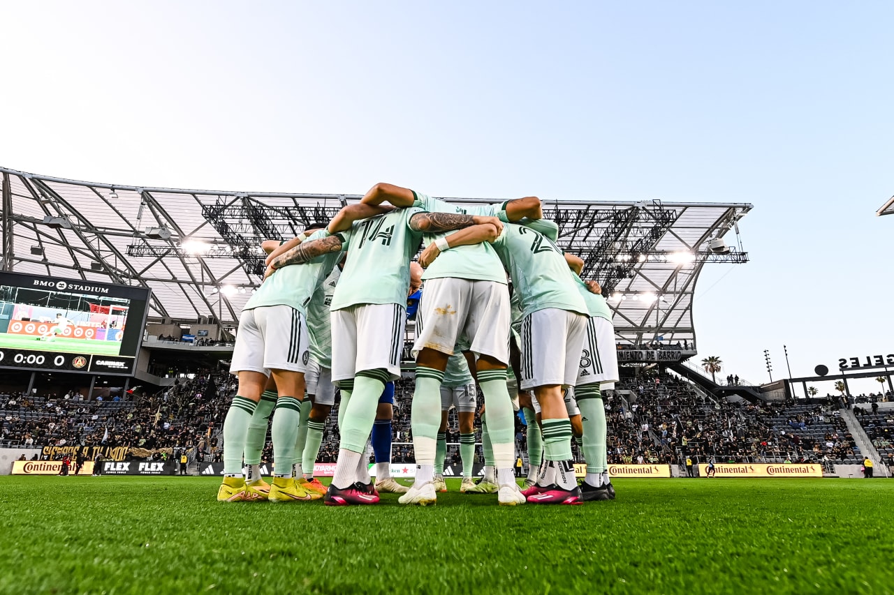 Starting XI huddle prior to the match against Los Angeles FC at BMO Stadium in Los Angeles, CA on Wednesday, June 7, 2023. (Photo by Mitchell Martin/Atlanta United)