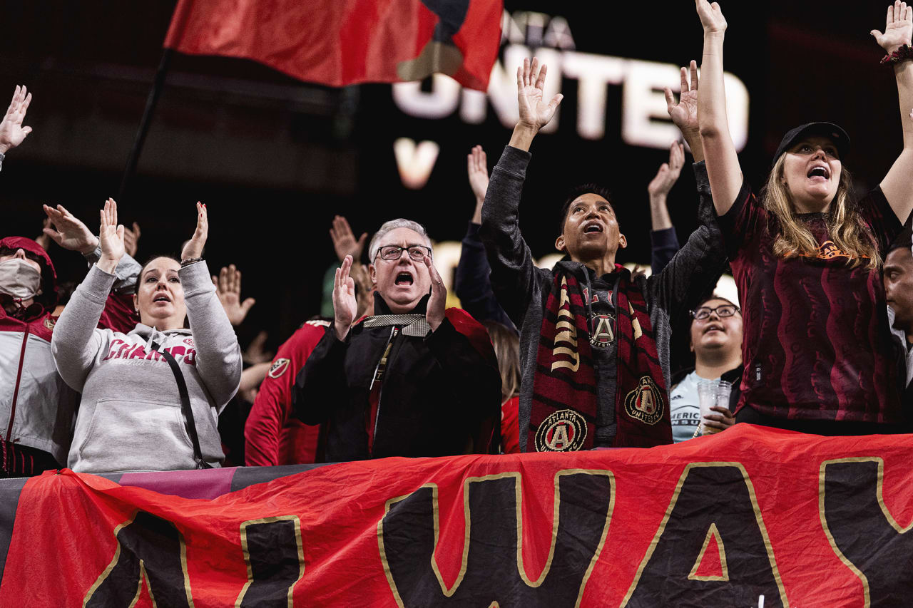 Atlanta United supporters cheer after the match against Toronto FC at Mercedes-Benz Stadium in Atlanta, Georgia on Saturday October 30, 2021. (Photo by Mitchell Martin/Atlanta United)