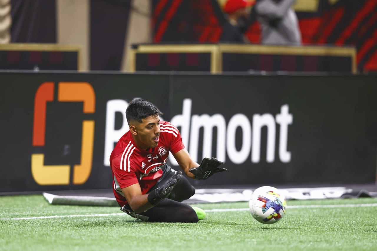 Atlanta United goalkeeper Rocco Rios Novo #34 warms up before  the match against New York Red Bulls at Mercedes-Benz Stadium in Atlanta, United States on Wednesday August 17, 2022. (Photo by Casey Sykes/Atlanta United)