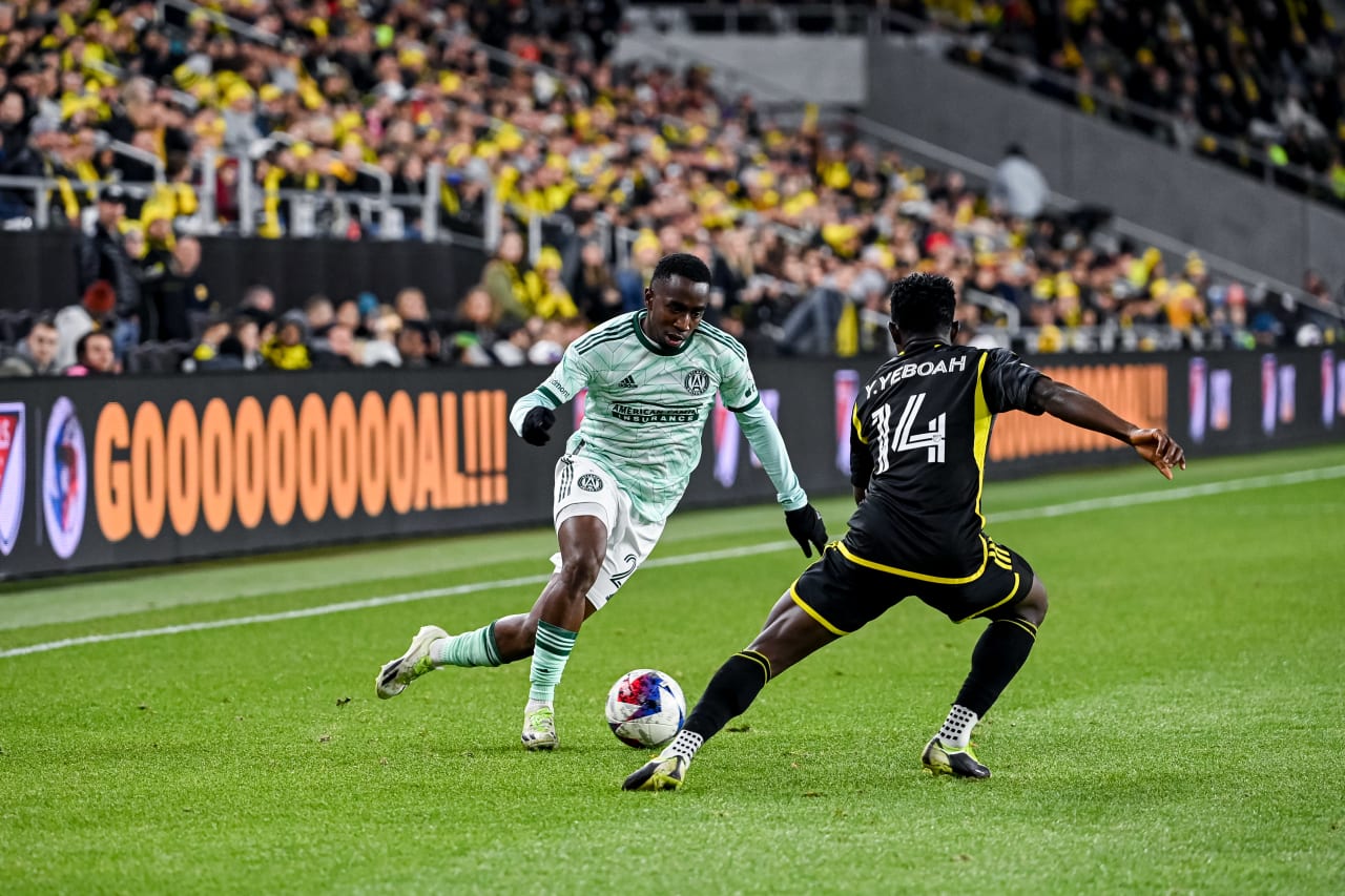 Atlanta United forward Edwin Mosquera #21 dribbles the ball during the match against Columbus Crew at Lower.com Field in Columbus, OH on Sunday, November 12, 2023. (Photo by Jay Bendlin/Atlanta United)