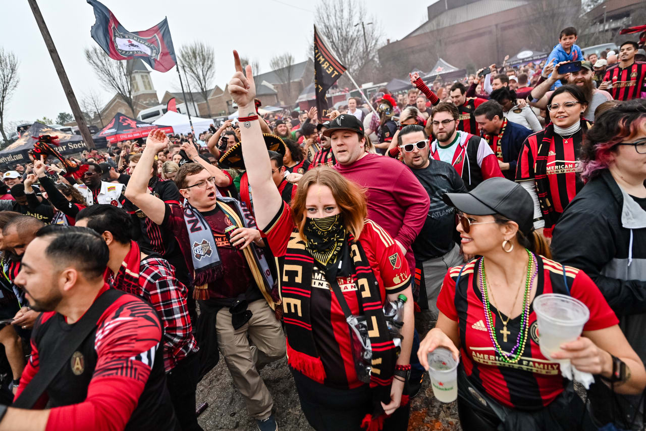 Supporters during the supporters march before the match against San Jose Earthquakes at Mercedes-Benz Stadium in Atlanta, GA on Saturday February 25, 2023. (Photo by Jay Bendlin/Atlanta United)