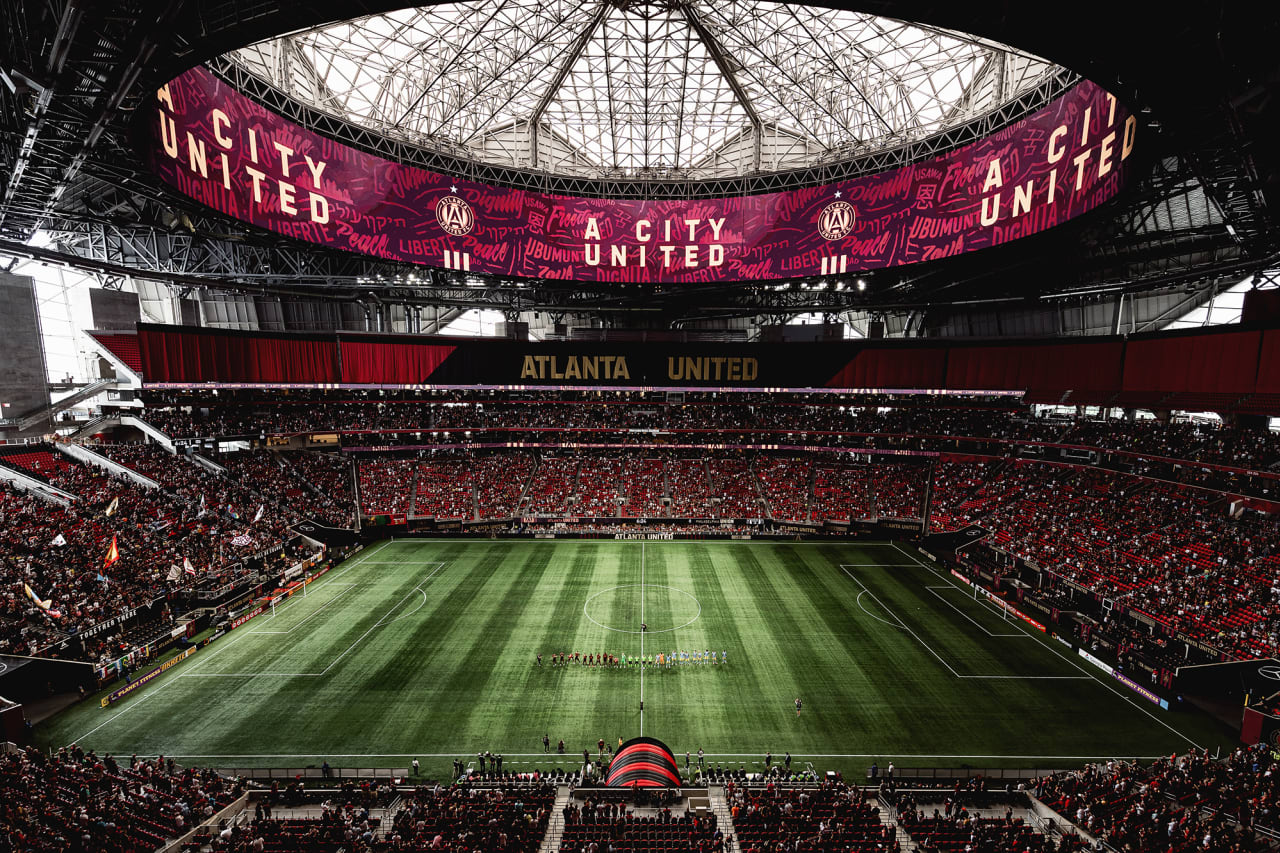 Both teams walk out before the match against Philadelphia Union at Mercedes-Benz Stadium in Atlanta, Georgia, on Sunday June 20, 2021. (Photo by Mitchell Martin/Atlanta United)
