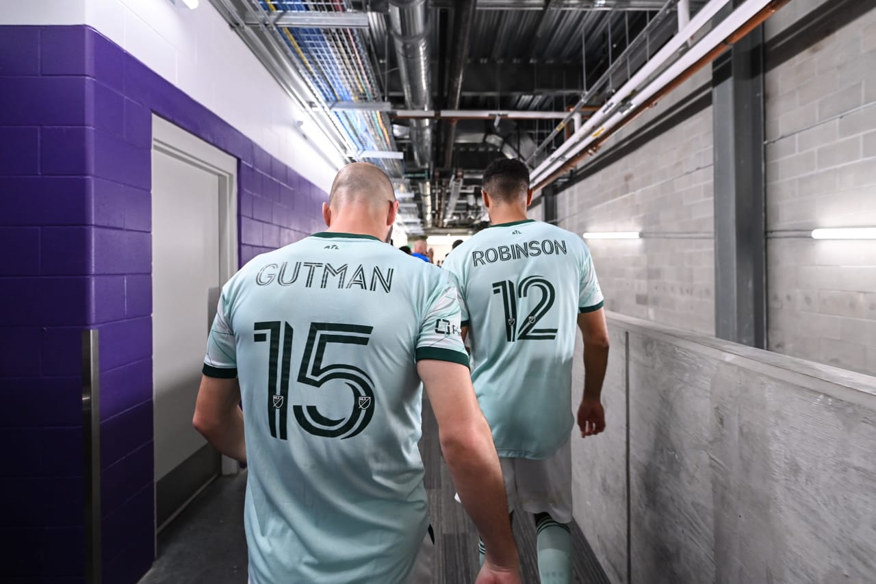 Atlanta United defender Andrew Gutman #15 and defender Miles Robinson #12 walk out to the pitch during the match against Orlando City at Exploria Stadium in Orlando, FL on Saturday, May 27, 2023. (Photo by Mitchell Martin/Atlanta United)