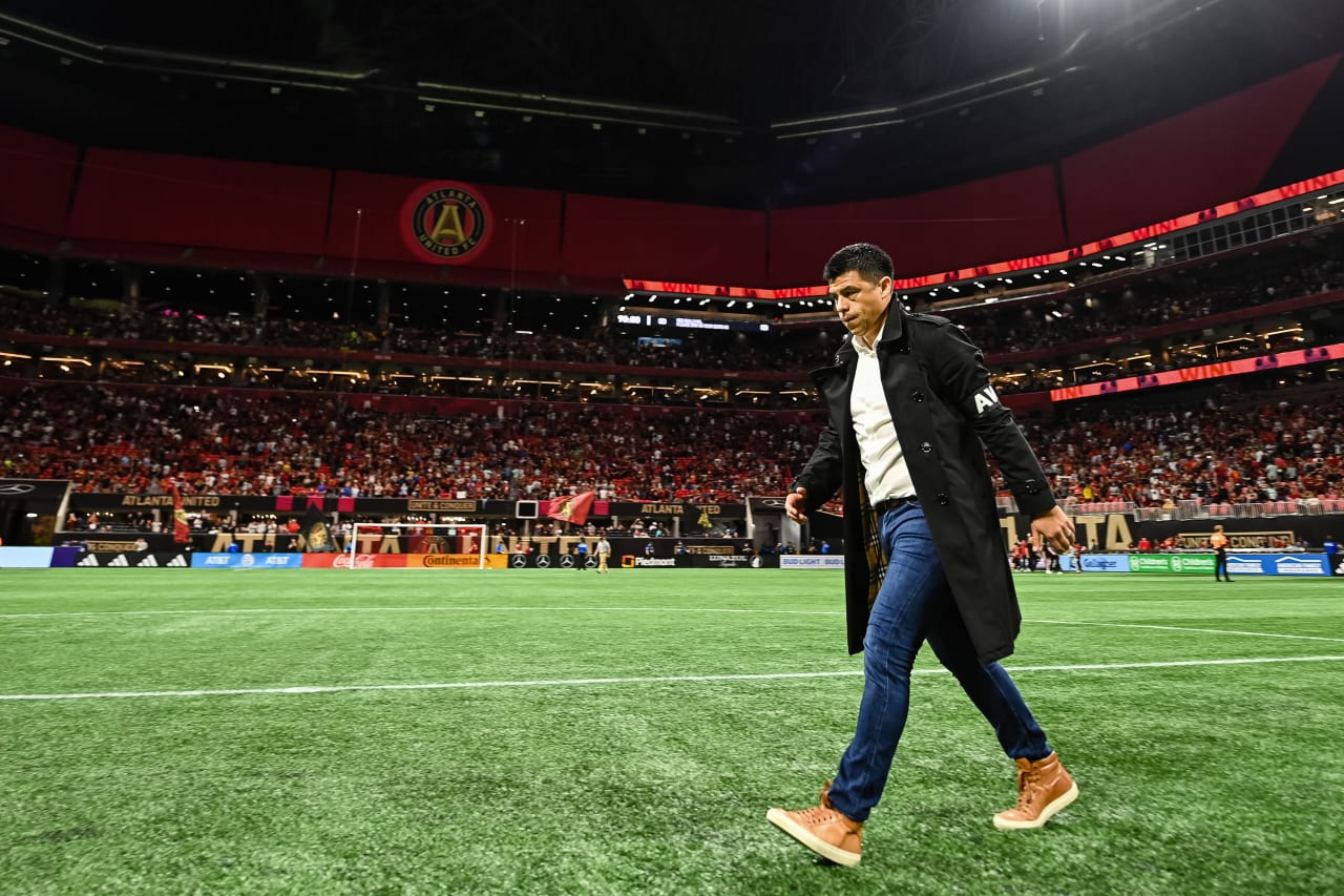Atlanta United Head Coach Gonzalo Pineda reacts after a 1-0 victory against New York Red Bulls at Mercedes-Benz Stadium in Atlanta, GA on Saturday April 1, 2023. (Photo by Jay Bendlin/Atlanta United)