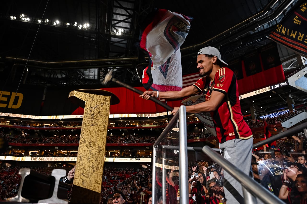 Trae Young, spike hitter, prior to the match against New York Red Bulls at Mercedes-Benz Stadium in Atlanta, GA on Saturday April 1, 2023. (Photo by Jay Bendlin/Atlanta United)