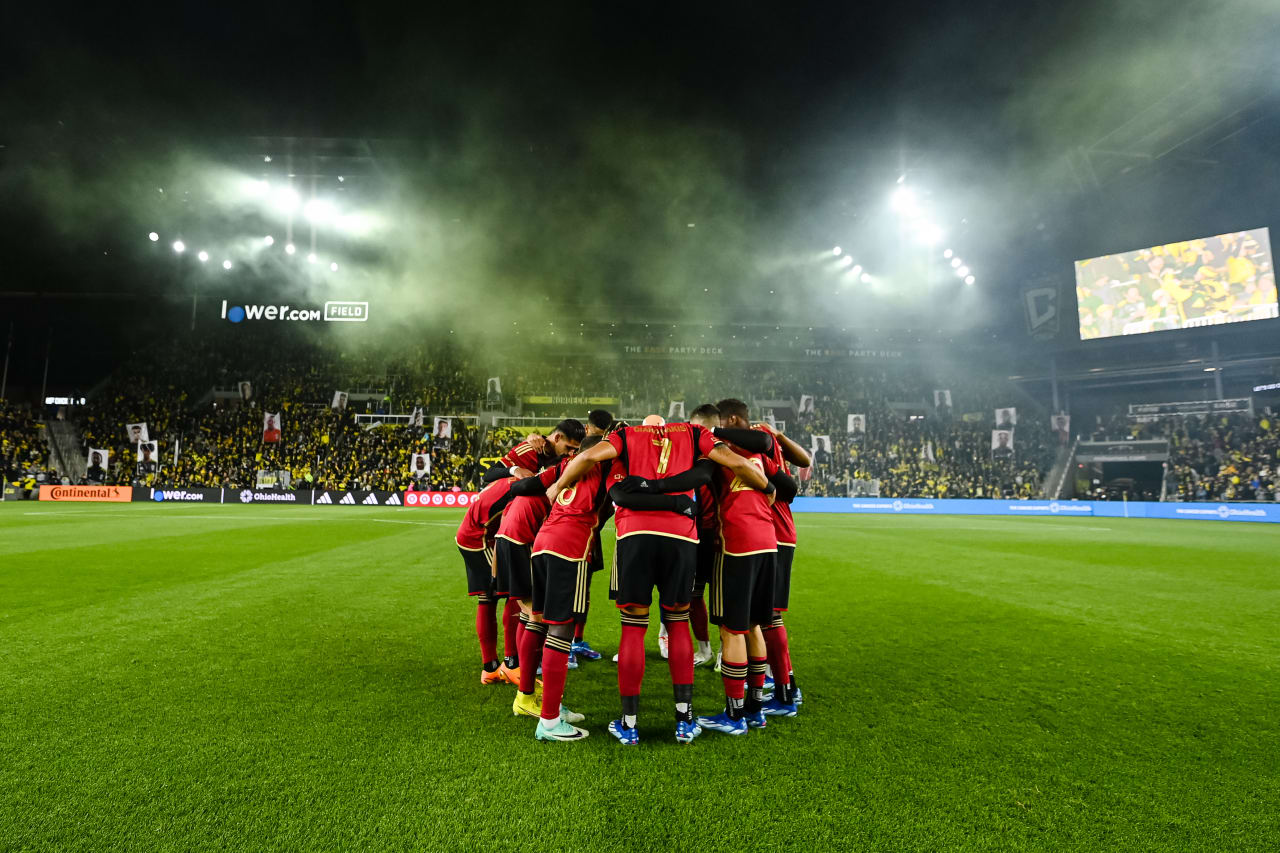 Staring XI huddle prior to the match against Columbus Crew at Lower.com Field in Columbus, OH on Wednesday, November 1, 2023. (Photo by Mitch Martin/Atlanta United)