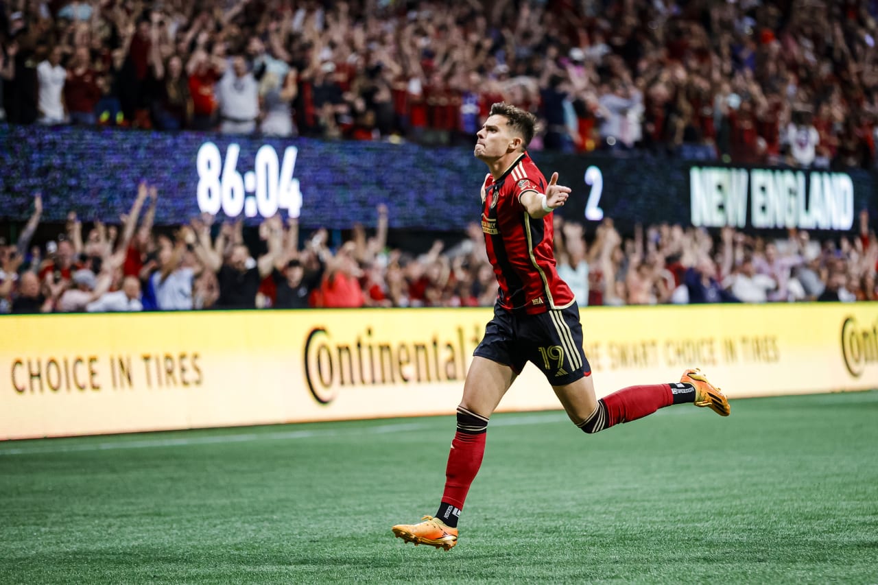 Atlanta United forward Miguel Berry #19 celebrates after a goal during the second half of the match against New England Revolution at Mercedes-Benz Stadium in Atlanta, GA on Wednesday, May 31, 2023. (Photo by Alex Slitz/Atlanta United)
