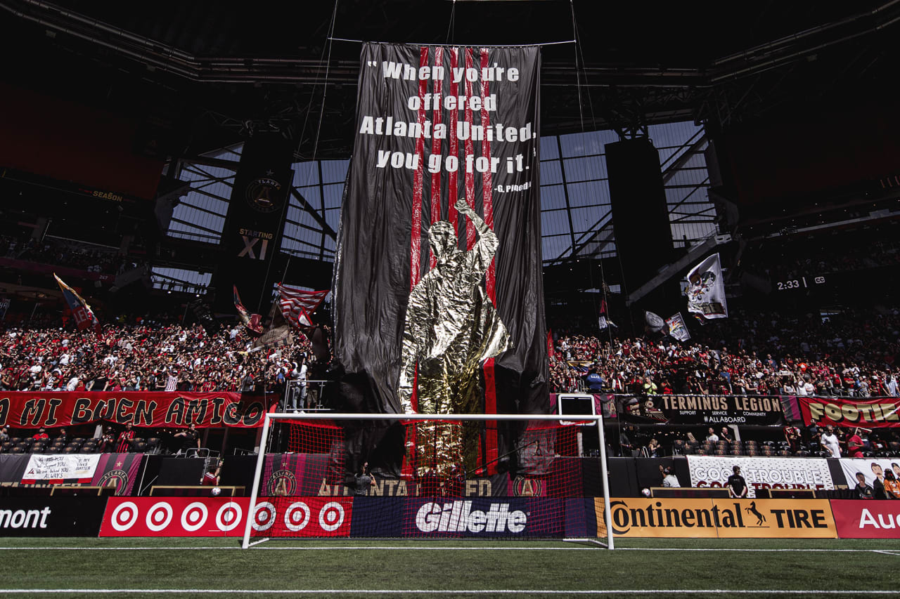 A tifo for Head Coach Gonzalo Pineda is shown before the match against Nashville SC at Mercedes-Benz Stadium in Atlanta, Georgia on Saturday August 28, 2021. (Photo by Dakota Williams/Atlanta United)