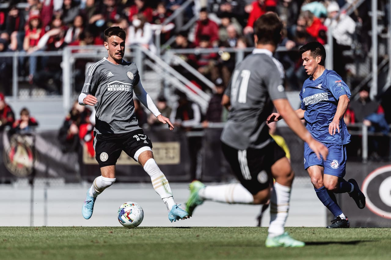 Atlanta United midfielder Amar Sejdic #13 dribbles the ball during the preseason match against the Georgia Revolution at Turner Soccer Complex in Athens, Georgia, on Sunday January 30, 2022. (Photo by Jacob Gonzalez/Atlanta United)