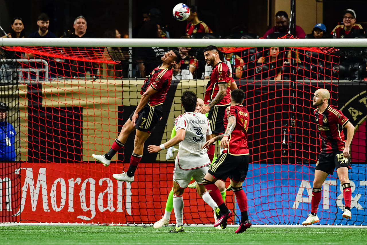 Atlanta United forward Giorgos Giakoumakis #7 and defender Juan José Sanchez Purata #22 challenge an attack during the second half of the match against New England Revolution at Mercedes-Benz Stadium in Atlanta, GA on Wednesday, May 31, 2023. (Photo by Kyle Hess/Atlanta United)