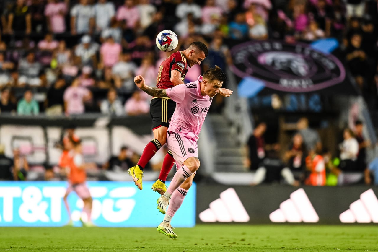 Atlanta United defender Brooks Lennon #11 battles for the ball during the first half of the match against Inter Miami at DRV PNK Stadium in Fort Lauderdale, FL on Tuesday, July 25, 2023. (Photo by Mitchell Martin/Atlanta United)