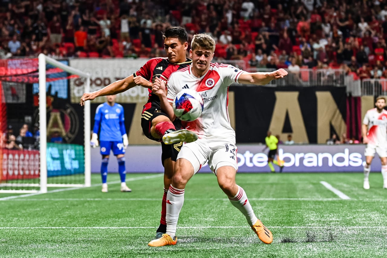 Atlanta United forward Tyler Wolff #28 battles for the ball during the second half of the match against New England Revolution at Mercedes-Benz Stadium in Atlanta, GA on Wednesday, May 31, 2023. (Photo by Mitchell Martin/Atlanta United)