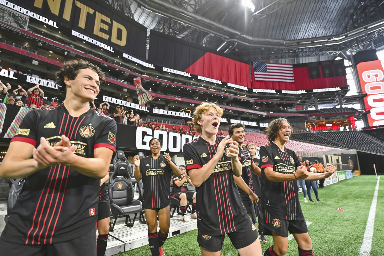 Players celebrate after a goal is scored during the Unified match against Orlando City SC at Mercedes-Benz Stadium in Atlanta, Georgia, on Sunday July 17, 2022. (Photo by Dakota Williams/Atlanta United)