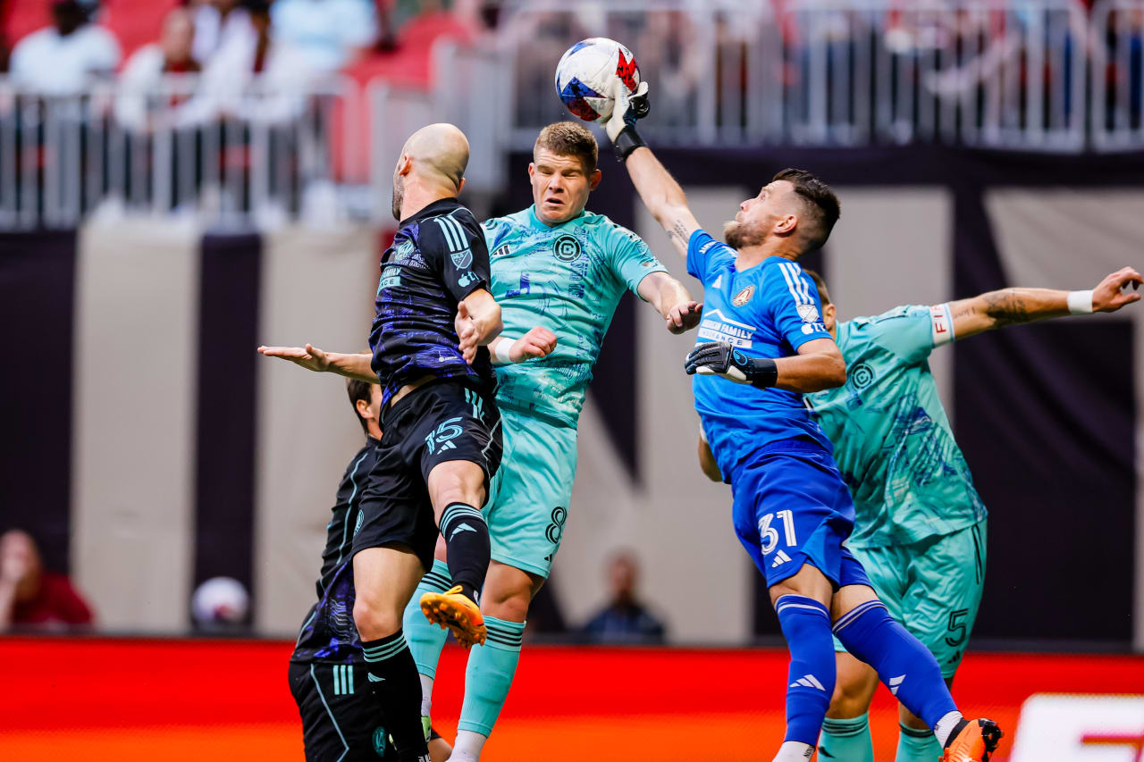Atlanta United goalkeeper Quentin Westberg #31 makes a save during the match against Chicago Fire FC at Mercedes-Benz Stadium in Atlanta, GA on Sunday, April 23, 2023. (Photo by Alex Slitz/Atlanta United)