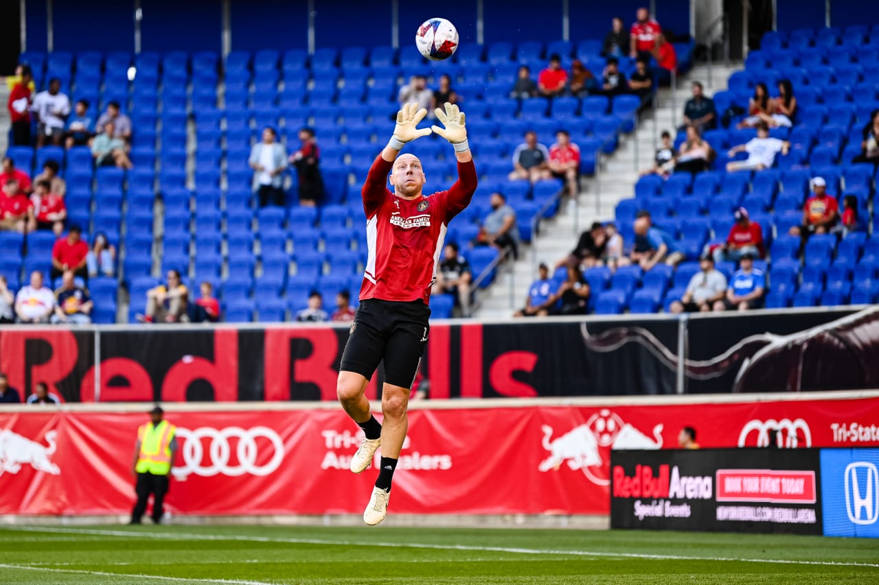 Atlanta United goalkeeper Brad Guzan #1 jumps for the ball during warm ups before the match against New York Red Bulls at Red Bull Arena in Harrison, NJ on Saturday, June 24, 2023. (Photo by Mitchell Martin/Atlanta United)