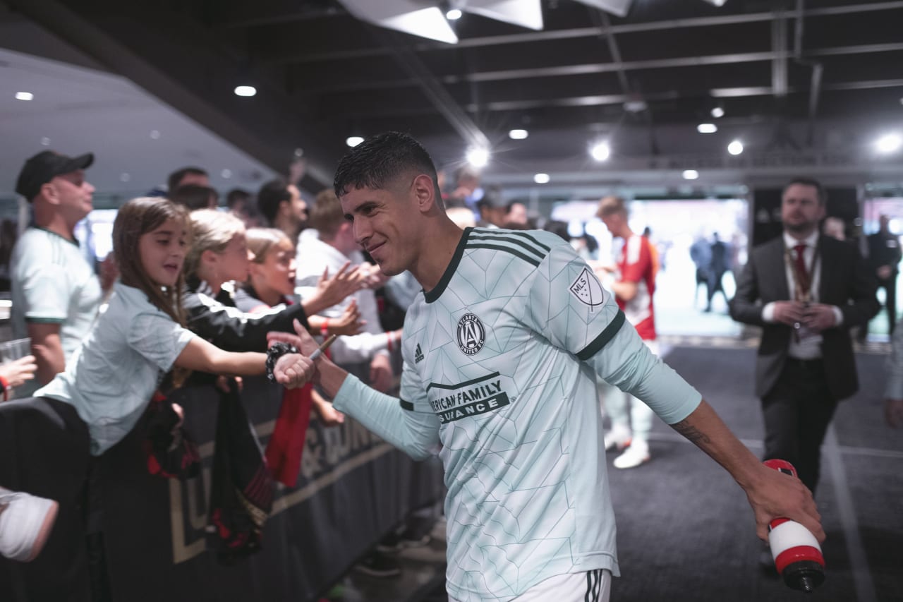 Atlanta United defender Alan Franco #6 celebrates with supporters after the match against Chicago Fire FC at Mercedes-Benz Stadium in Atlanta, United States on Saturday May 7, 2022. (Photo by Kyle Hess/Atlanta United)