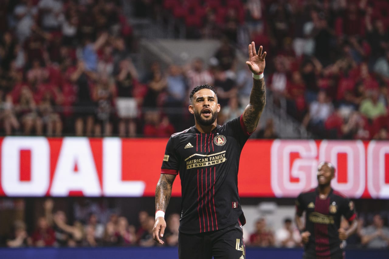 Atlanta United forward Dom Dwyer #4 celebrates after scoring a goal during the match against Pachuca at Mercedes-Benz Stadium in Atlanta, United States on Tuesday June 14, 2022. (Photo by Dakota Williams/Atlanta United)