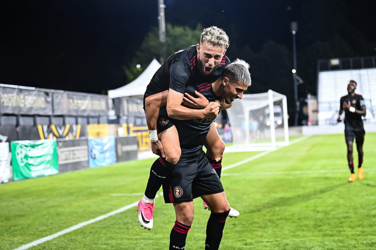 Atlanta United 2 forward Karim Tmimi #9 and midfielder Nick Firmino #8 celebrate after a goal during the MLS Next Pro match against New York City FC 2 at Fifth-Third Bank Stadium in Marietta, Ga. on Sunday, June 25, 2023. (Photo by Asher Greene/Atlanta United)