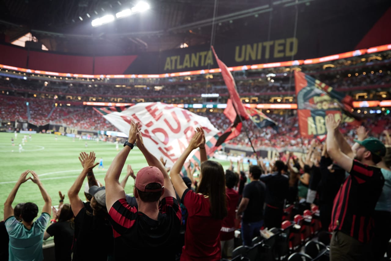 Fans celebrating during the match against Colorado Rapids at Mercedes-Benz Stadium in Atlanta, Ga. on Wednesday, May 17, 2023. (Photo by Bee Trofort/Atlanta United)