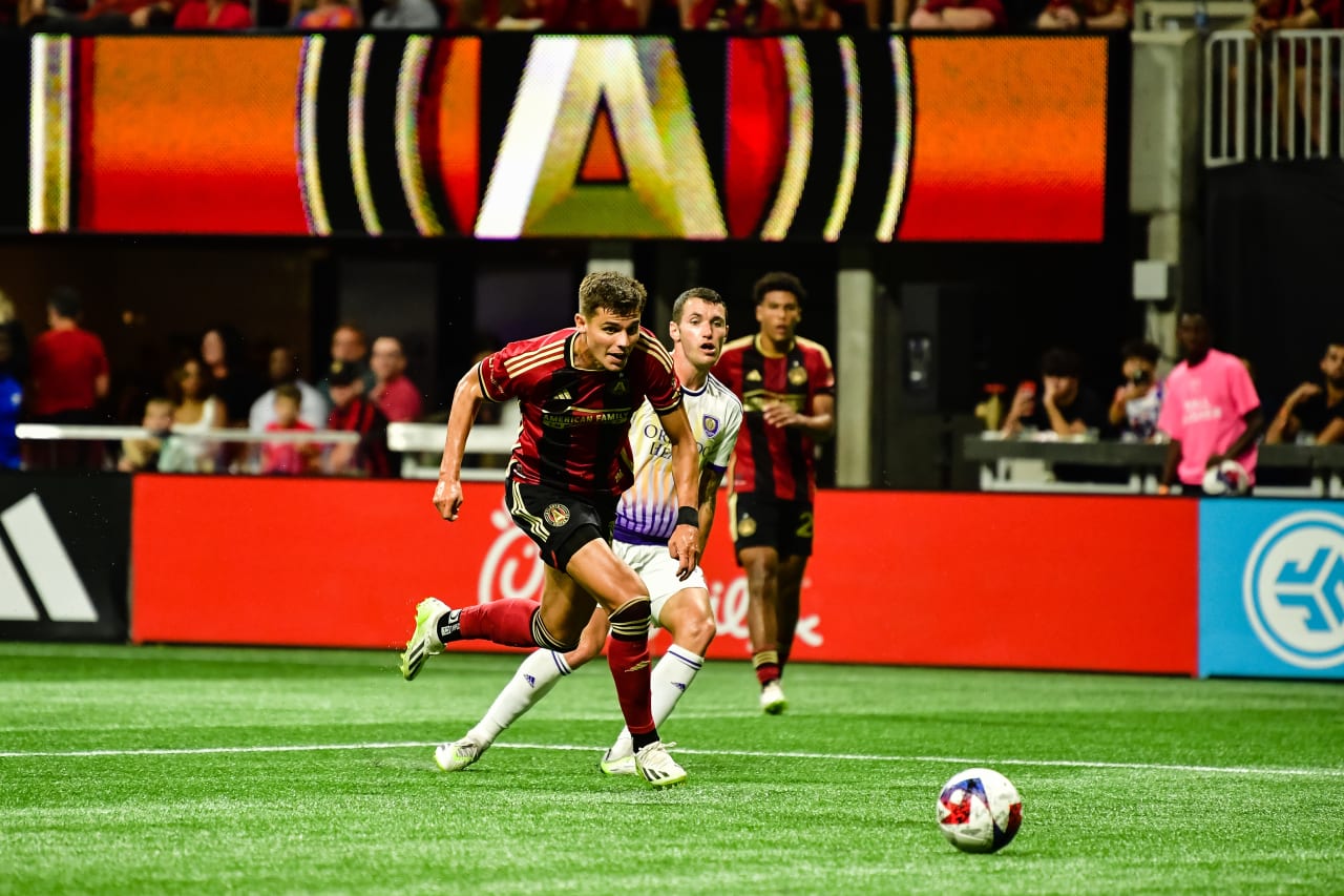 Atlanta United forward Miguel Berry #19 runs with the ball during the match against Orlando City at Mercedes-Benz Stadium in Atlanta, GA on Saturday, July 15, 2023. (Photo by Kyle Hess/Atlanta United)
