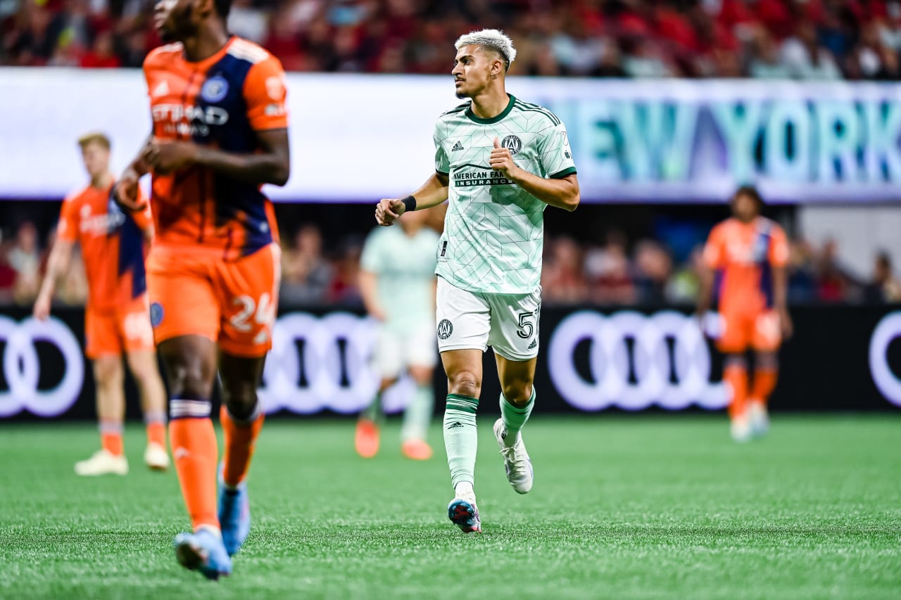 Atlanta United midfielder Nick Firmino #51 runs on the pitch during the match against New York City FC at Mercedes-Benz Stadium in Atlanta, GA on Wednesday, June 21, 2023. (Photo by Mitchell Martin/Atlanta United)