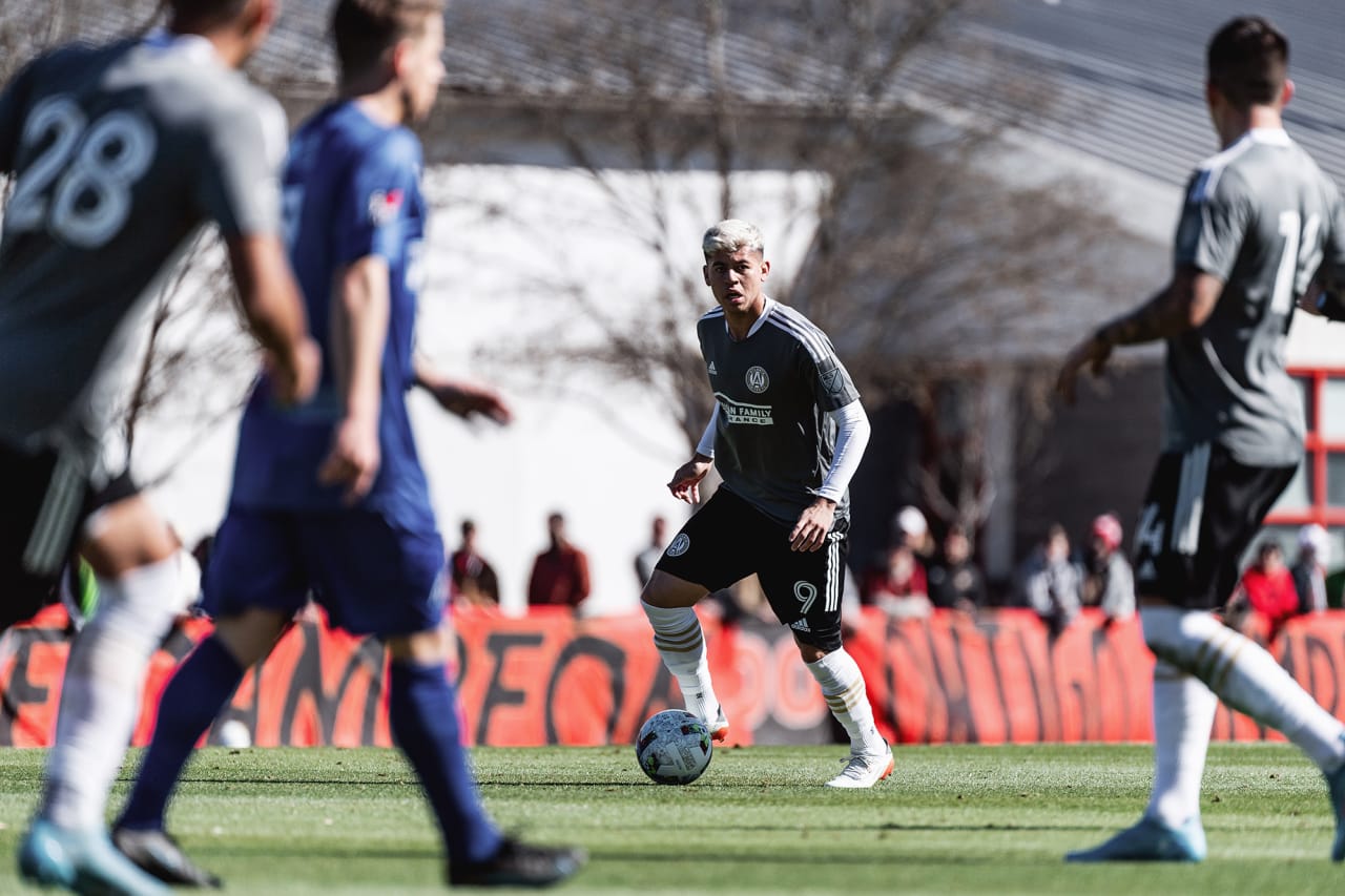 Atlanta United midfielder Matheus Rossetto #9 dribbles the ball during the first half of the preseason match against the Georgia Revolution at Turner Soccer Complex in Athens, Georgia, on Sunday January 30, 2022. (Photo by Jacob Gonzalez/Atlanta United)