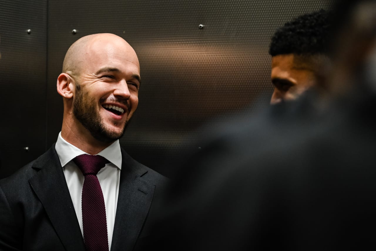 Atlanta United defender Andrew Gutman #15 in the elevator during arrivals before the match against San Jose Earthquakes at Mercedes-Benz Stadium in Atlanta, GA on Saturday February 25, 2023. (Photo by Mitchell Martin/Atlanta United)