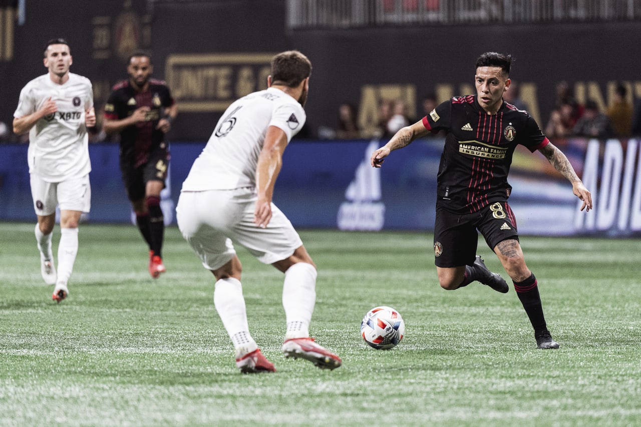 Atlanta United midfielder Ezequiel Barco #8 dribbles the ball during the match against Inter Miami at Mercedes-Benz Stadium in Atlanta, Georgia on Wednesday October 27, 2021. (Photo by Mitchell Martin/Atlanta United)