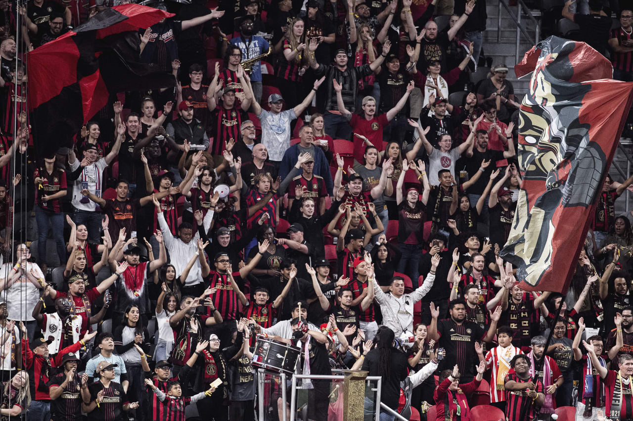 Atlanta United supporters cheer during the match against Inter Miami at Mercedes-Benz Stadium in Atlanta, Georgia on Wednesday October 27, 2021. (Photo by Kyle Hess/Atlanta United)