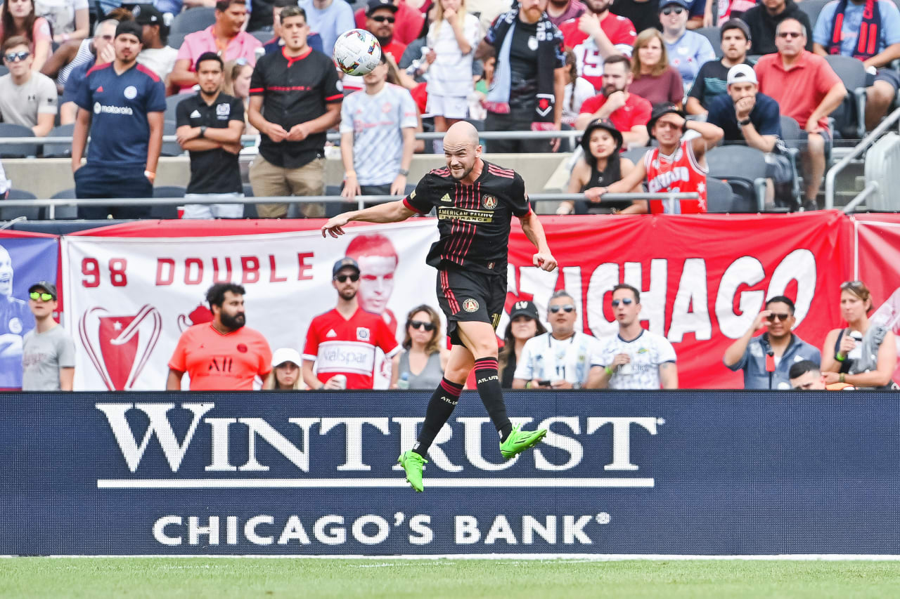 Atlanta United defender Andrew Gutman #15 heads the ball during the second half of the match against Chicago Fire FC at Soldier Field in Chicago, United States on Saturday July 30, 2022. (Photo by Dakota Williams/Atlanta United)