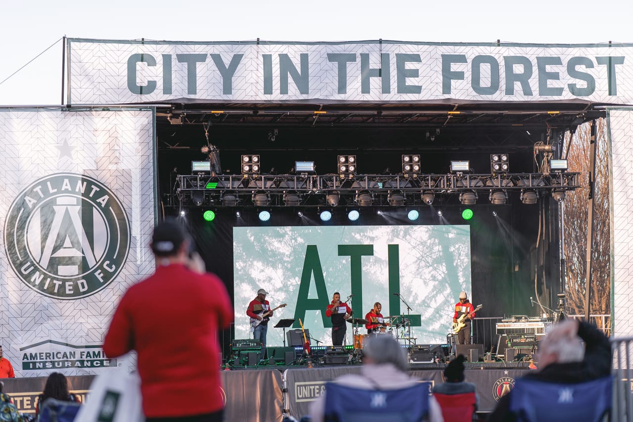 A band plays during the 2022 Atlanta United Kit Launch at Piedmont Park in Atlanta, United States on Saturday February 19, 2022. (Photo by Mitchell Martin/Atlanta United)