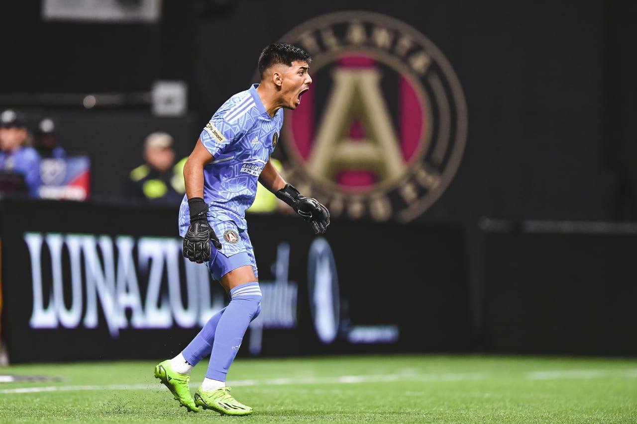 Atlanta United goalkeeper Rocco Rios Novo #34 reacts during the match against New York Red Bulls at Mercedes-Benz Stadium in Atlanta, United States on Wednesday August 17, 2022. (Photo by Kyle Hess/Atlanta United)