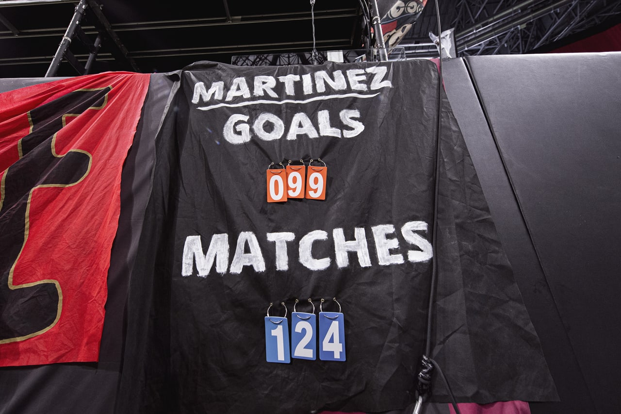 A view of the stadium banner of Atlanta United forward Josef Martinez #7 goal count during the match against D.C. United at Mercedes-Benz Stadium in Atlanta, Georgia on Saturday September 18, 2021. (Photo by Jacob Gonzalez/Atlanta United)