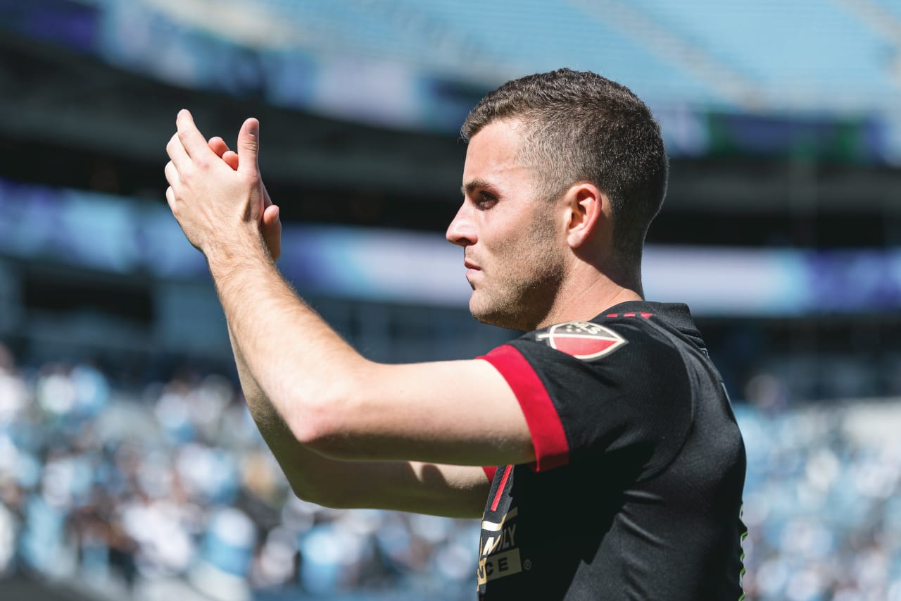 Atlanta United defender Brooks Lennon #11 claps towards the fans after the match against Charlotte FC at Bank of America Stadium in Charlotte, United States on Sunday April 10, 2022. (Photo by Dakota Williams/Atlanta United)