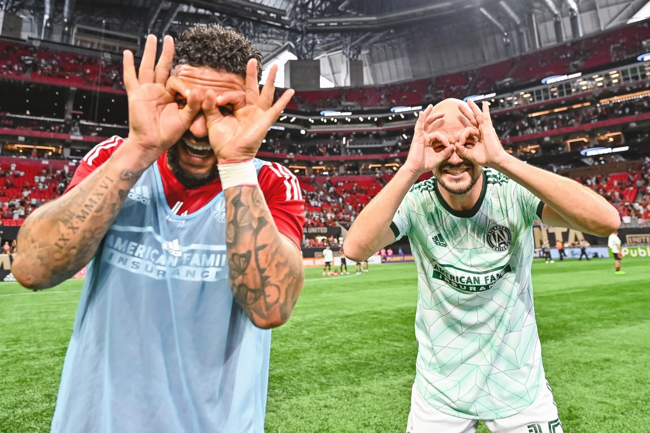 Atlanta United defender Andrew Gutman #15 and forward Dom Dwyer #4 pose after the match against Seattle Sounders FC at Mercedes-Benz Stadium in Atlanta, United States on Saturday August 6, 2022. (Photo by Dakota Williams/Atlanta United)