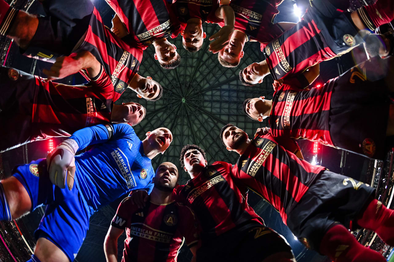 The Starting XI Huddle before the match against San Jose Earthquakes at Mercedes-Benz Stadium in Atlanta, GA on Saturday February 25, 2023. (Photo by Mitchell Martin/Atlanta United)